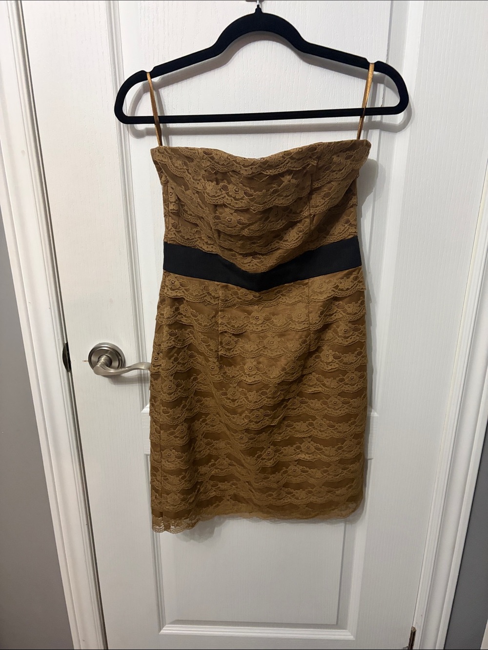 H&M Tan Lace Midi Dress with Black Waistband